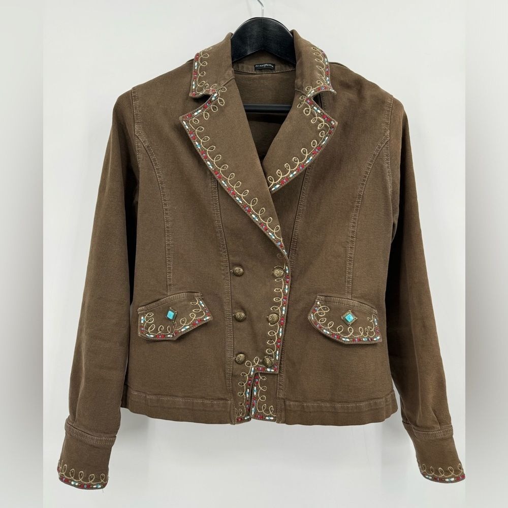 BrazilRoxx Denim Jacket Brass Buttons Turquoise accents and Unique‎ Stitching M
